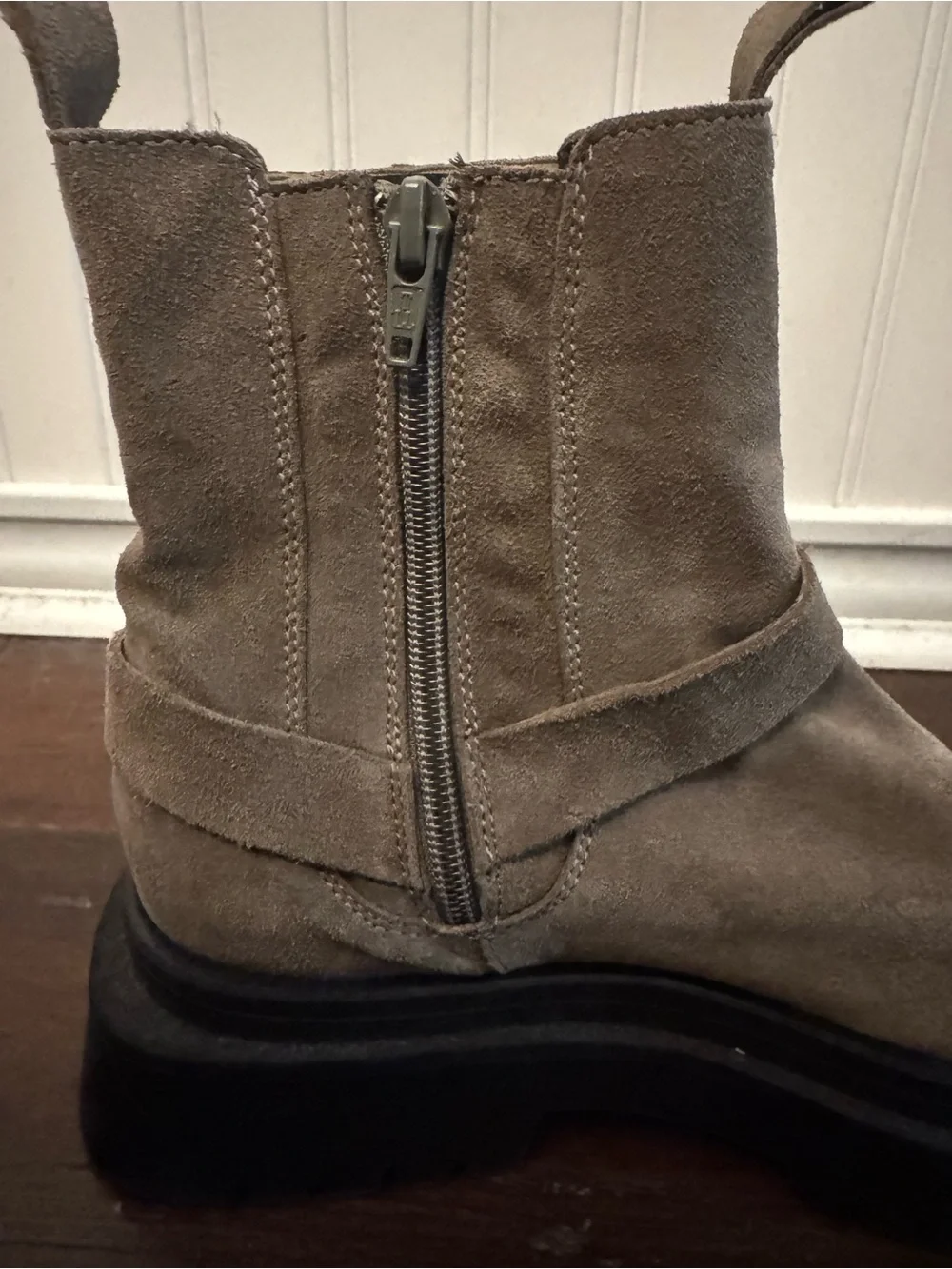 Pilcro Anthropologie Taupe Moto Suede Ankle Boots Chunky Lug Sole Size 37
